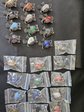 Lot 25 Owl Stone Pendants Mixed Gemstone Jewelry Lapis Quartz Bulk